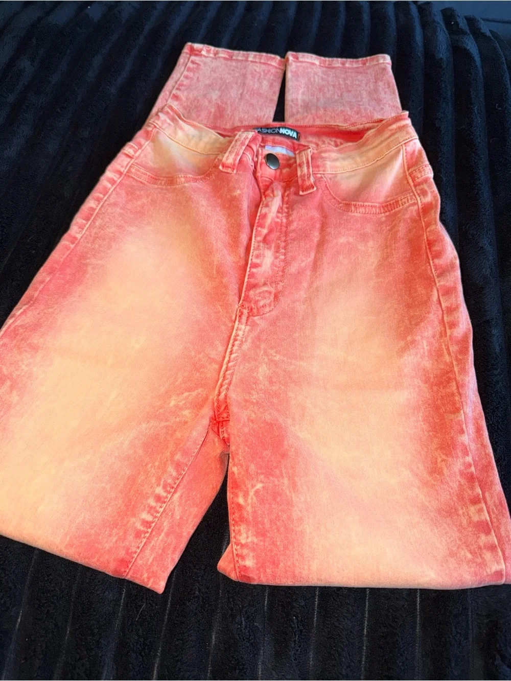 Fashion Nova Coral-Red Acid Wash High-Rise Jeans